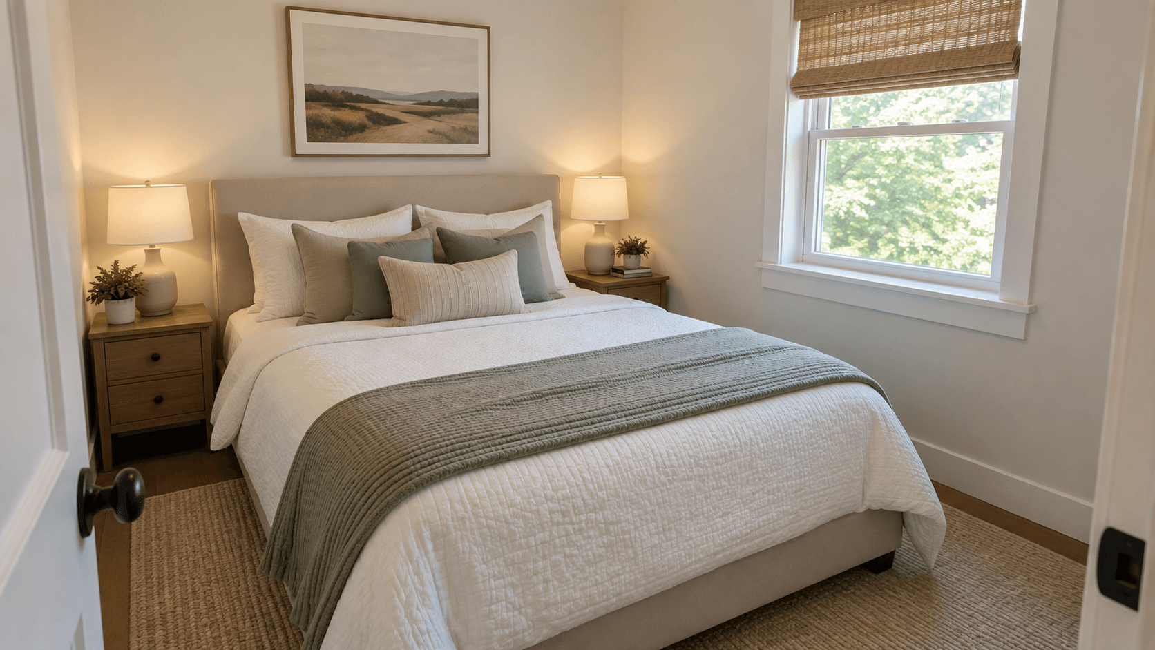 Small bedroom with a queen bed and two nightstands