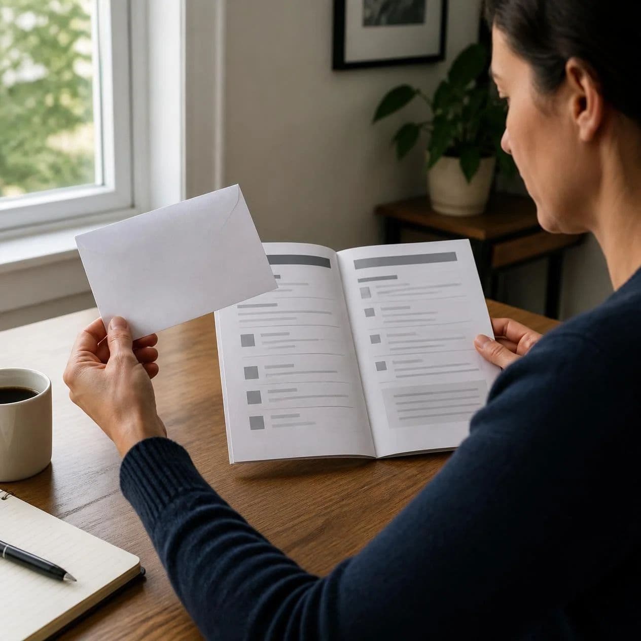 couple reviewing mortgage papers at kitchen table in new home