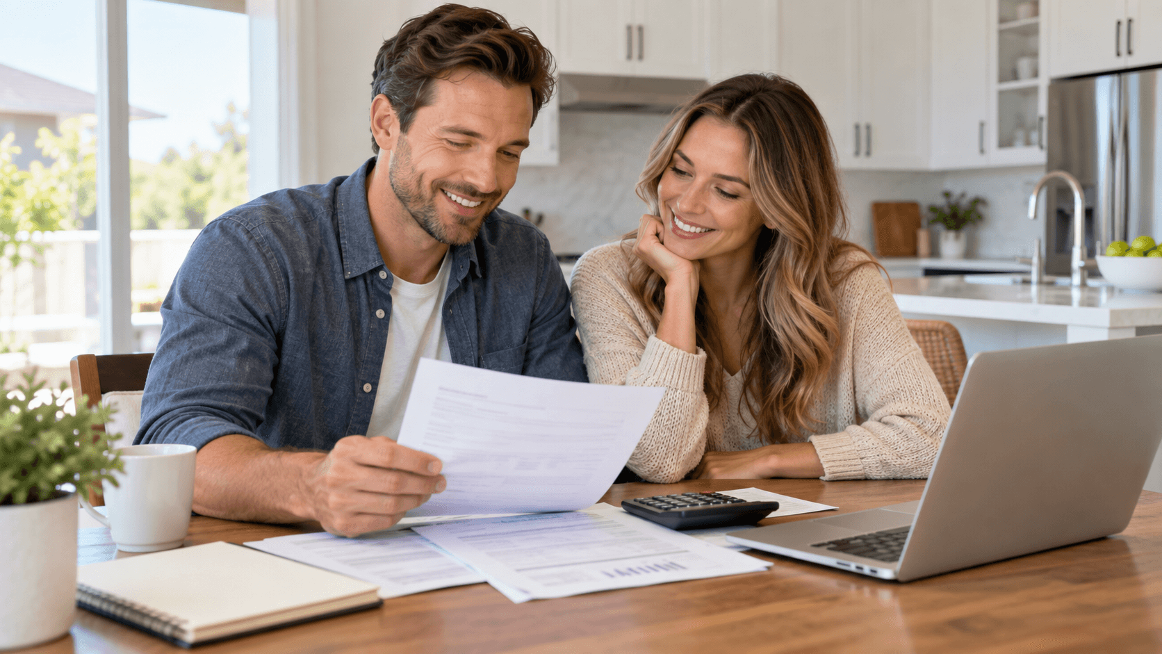 couple reviewing mortgage papers at kitchen table in new home