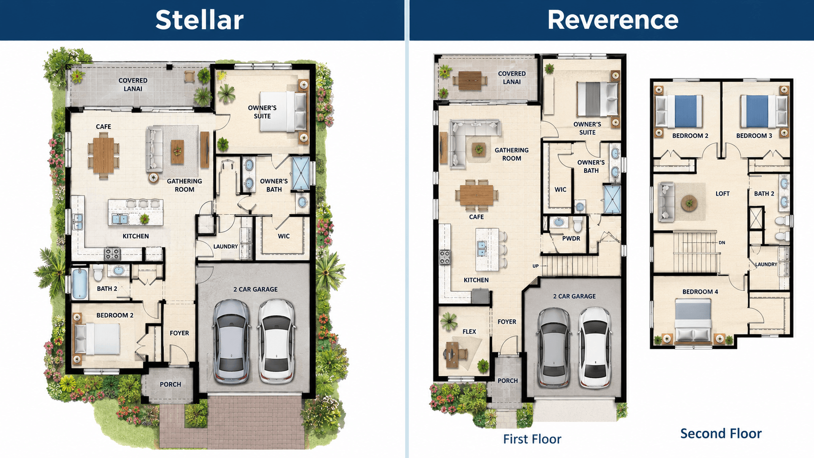 Stellar and Reverence floor plans side by side at Greyhawk Landing