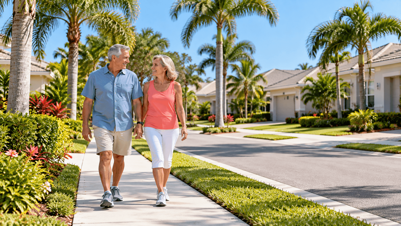 Older couple walking on a sidewalk lined with palm trees and one-story homes