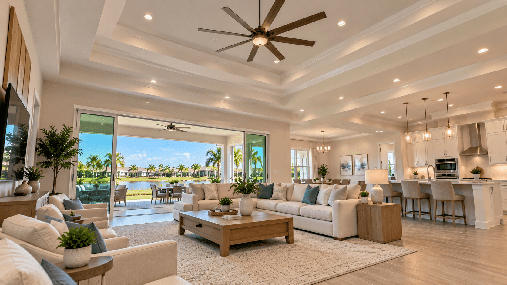 Great room with tall ceiling and fan in a Pinehurst home at Glynlea