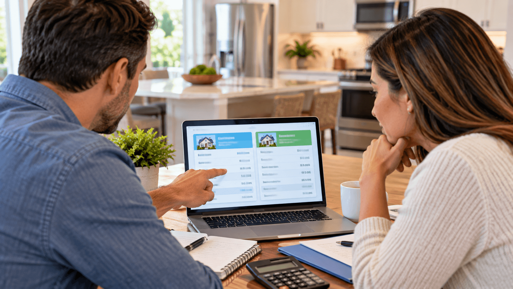 couple comparing two mortgage loan offers on a laptop at a kitchen table
