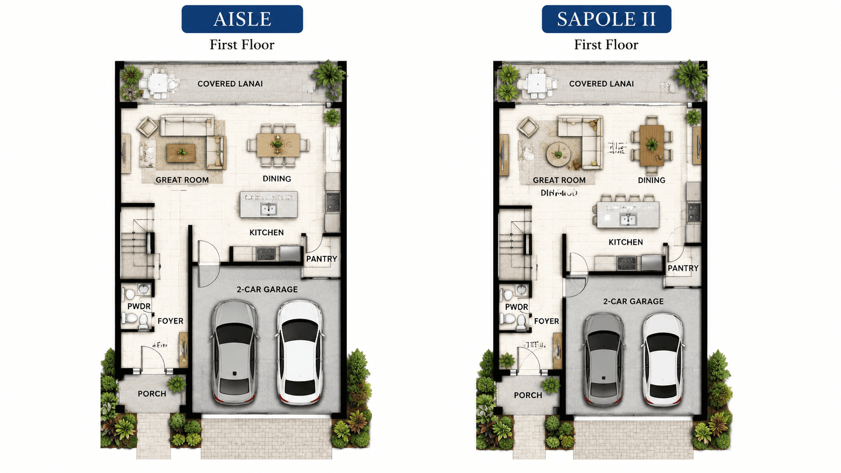 Aisle and Sapole II first floor plans at Baywood II side by side