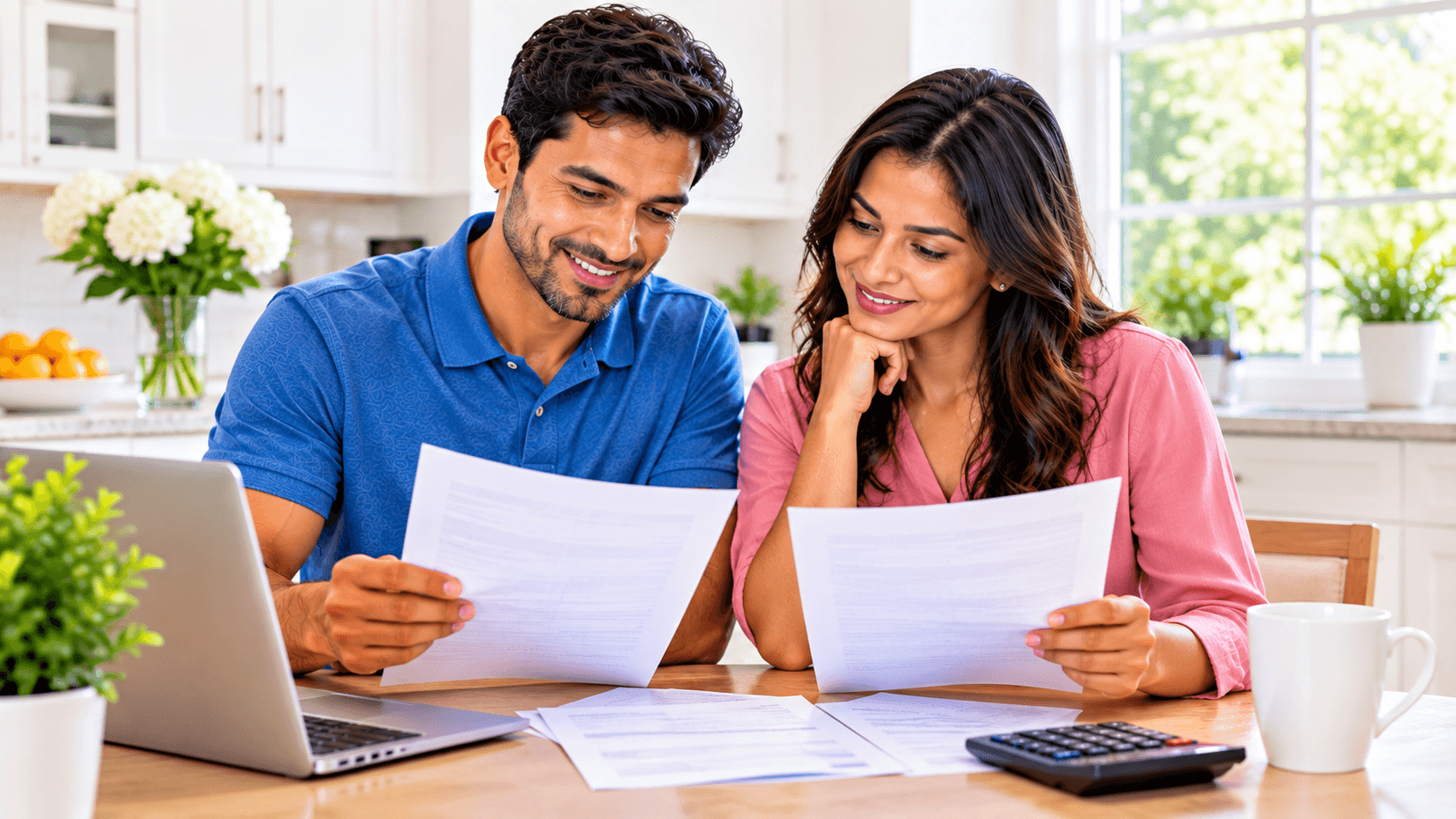 couple comparing two printed mortgage offers at kitchen table