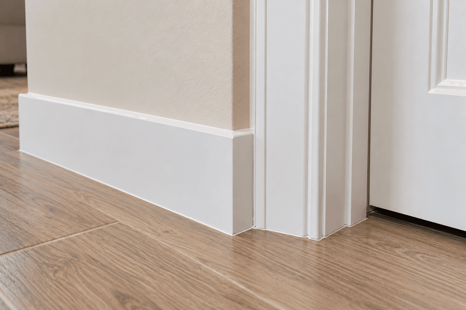 Square edge baseboard and door casing in a Pepperwood home