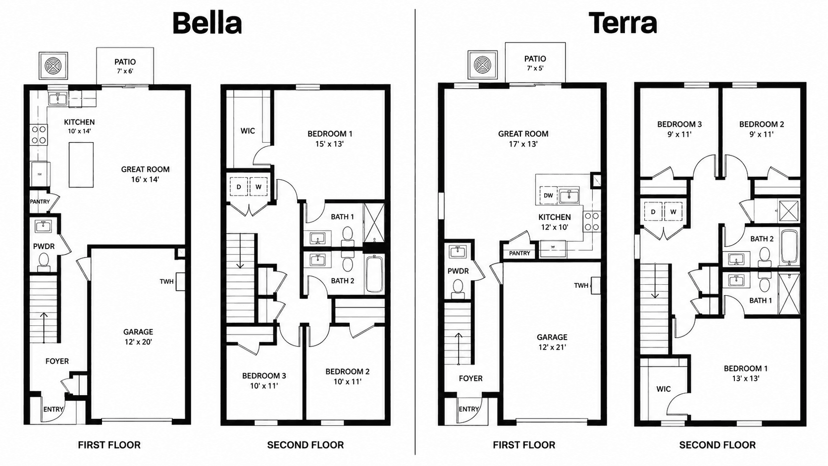 Bella and Terra floor plans compared side by side at Blossom Trail