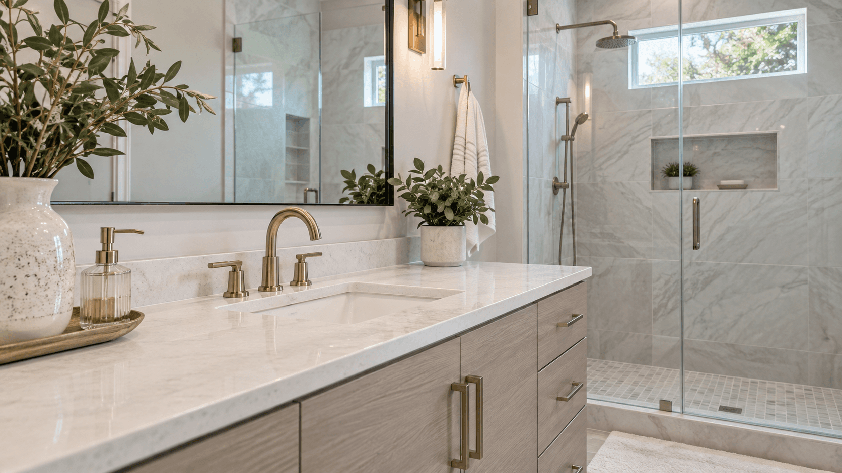 Bathroom with quartz countertops in a Blossom Trail home