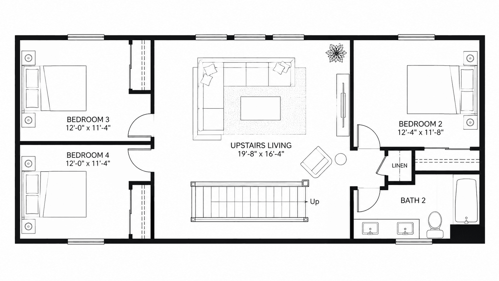 Crosscourt second floor plan with the upstairs living area at Baywood II