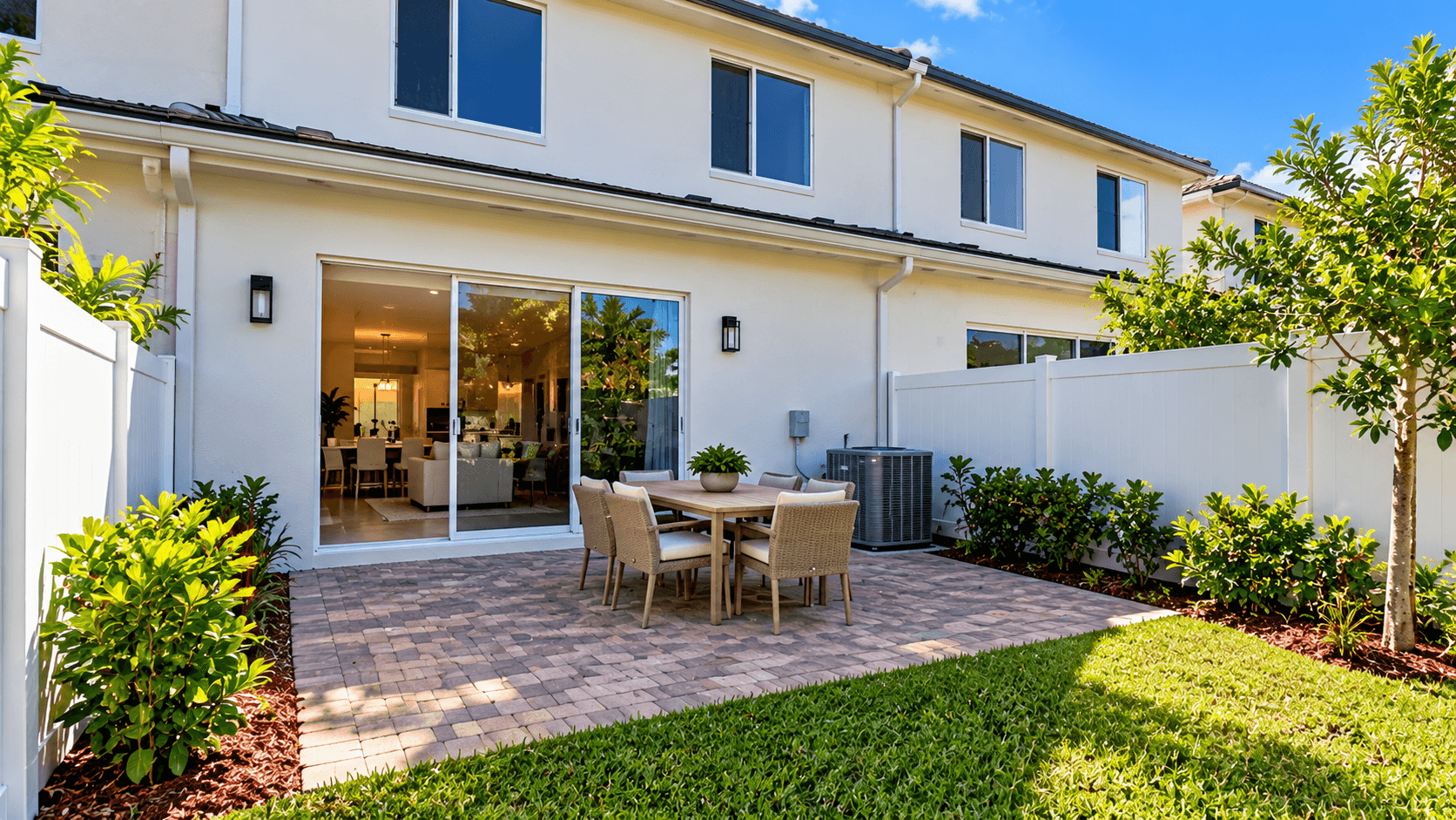 Brick paver patio behind a Pineland Crest townhome with a sliding glass door