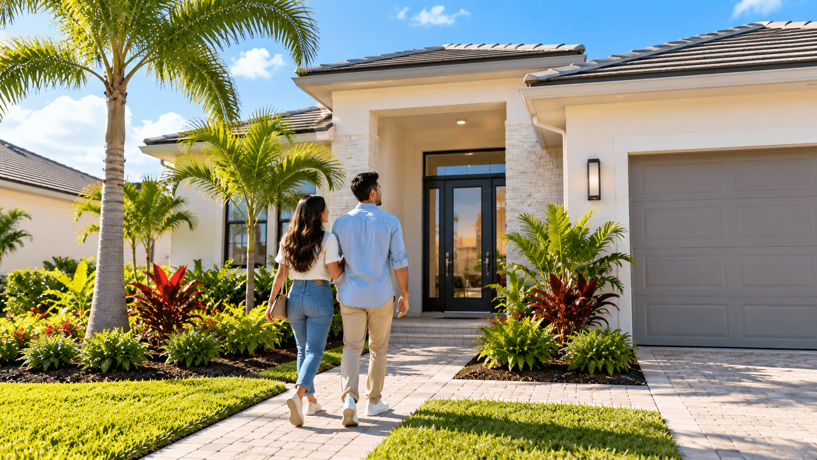 First-time buyers walking up to a new construction home in South Florida
