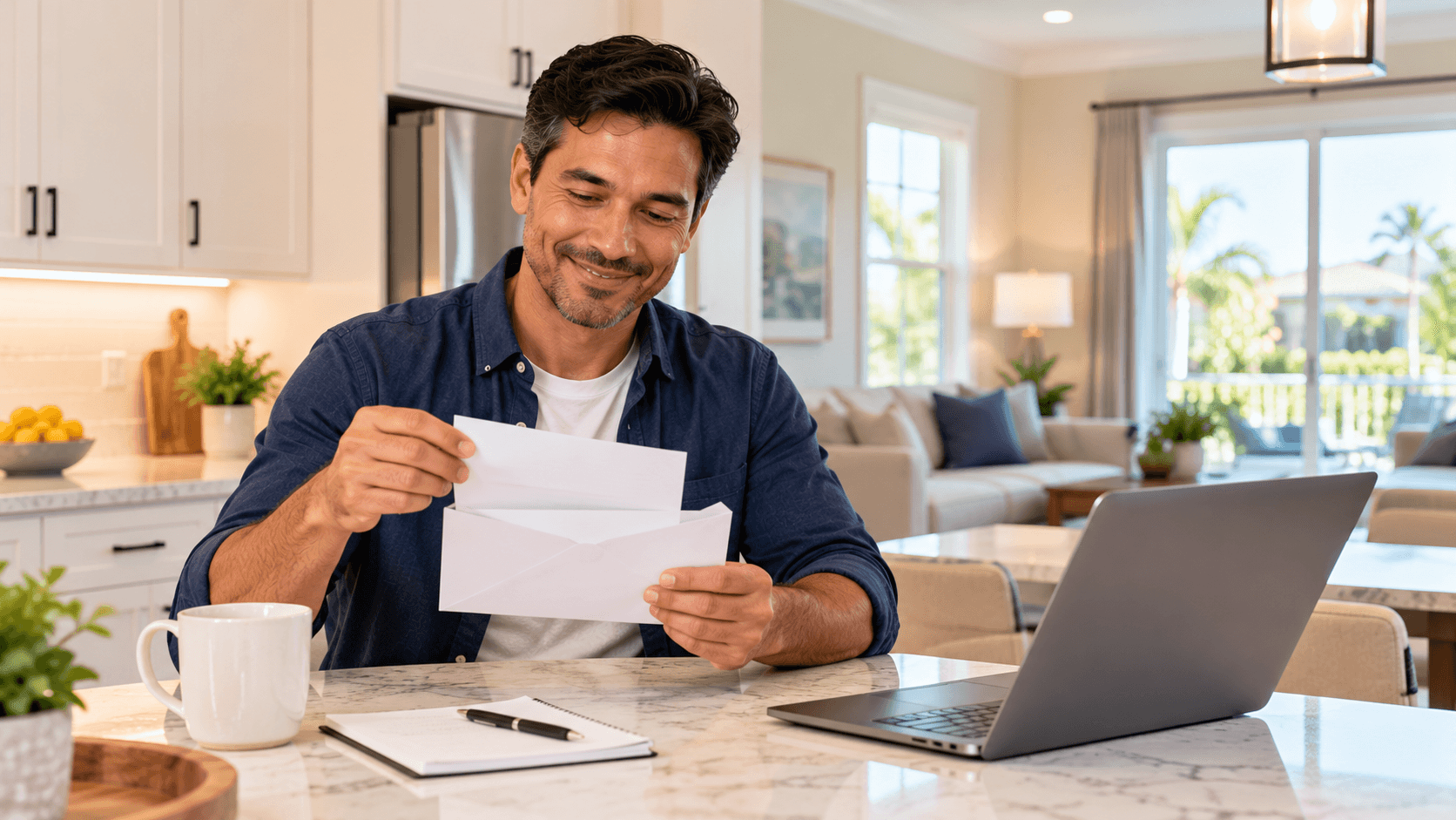 homeowner opening property tax bill in new home kitchen