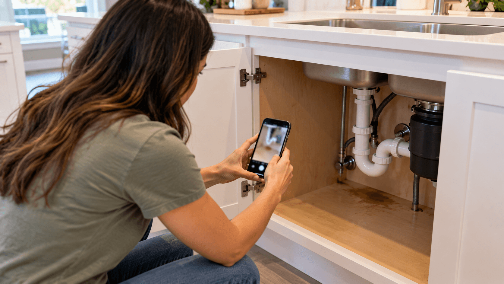 Homeowner documenting a sink cabinet concern