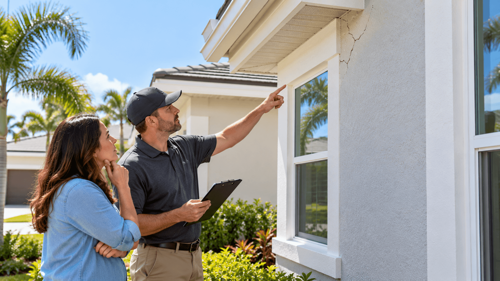 Inspector and homeowner reviewing a visible exterior concern