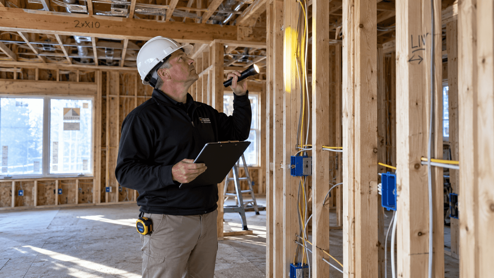 Home inspector checking a new construction wall before drywall