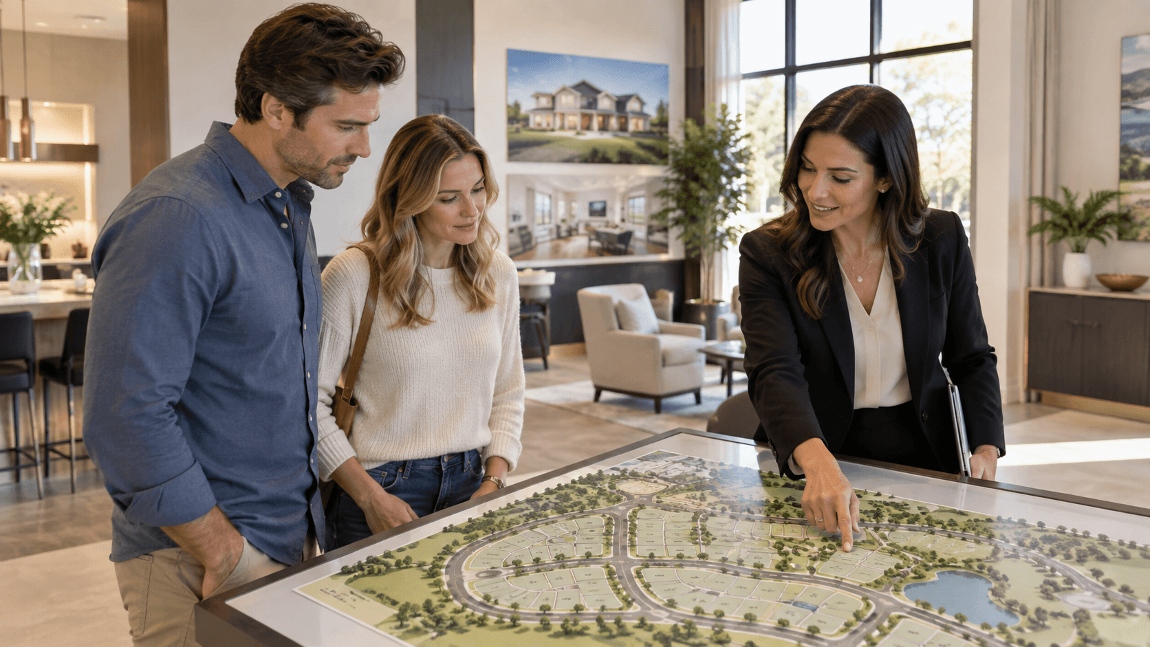 Sales consultant walking a couple through a floor plan at Hendrix Reserve
