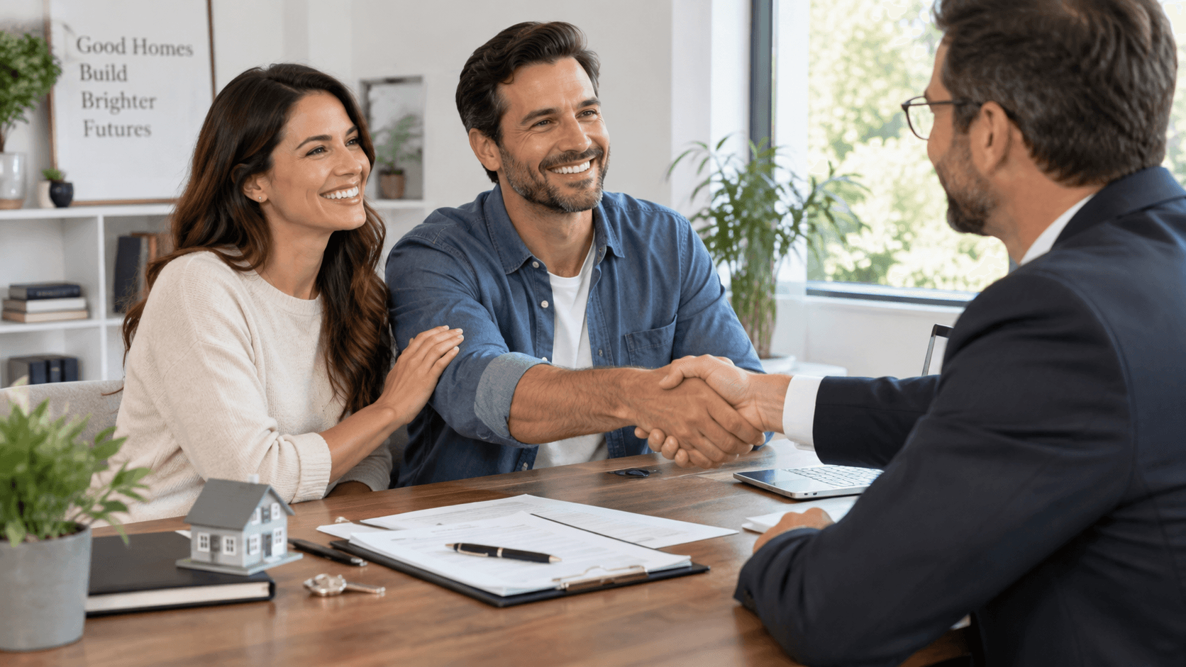 Couple shaking hands with a sales agent at a desk