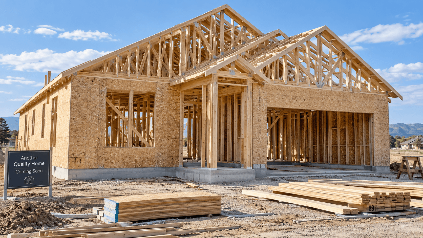 New construction home mid-build with framing and roof trusses