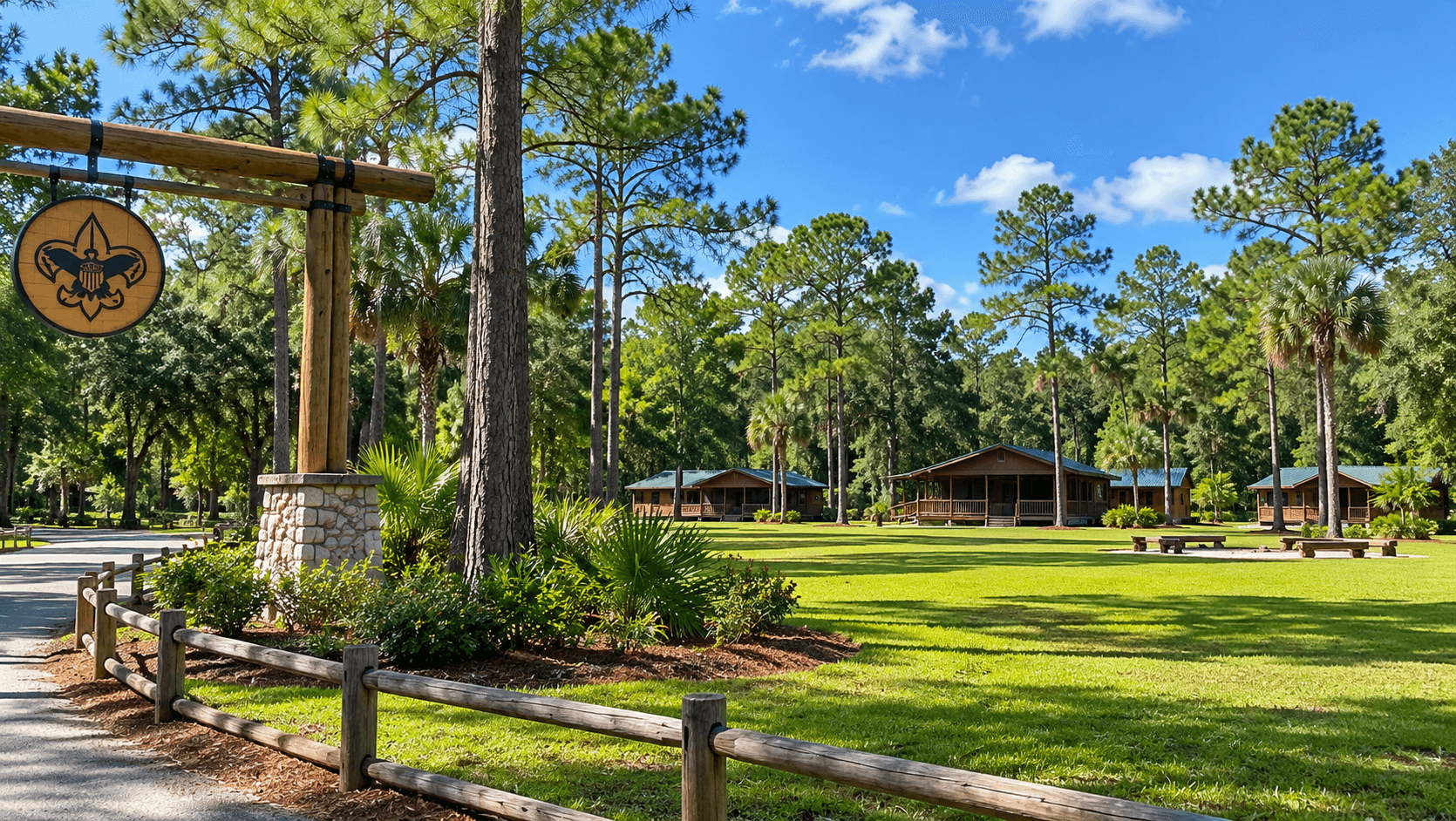 Open green space and cabins at Camp Owaissa Bauer near Homestead