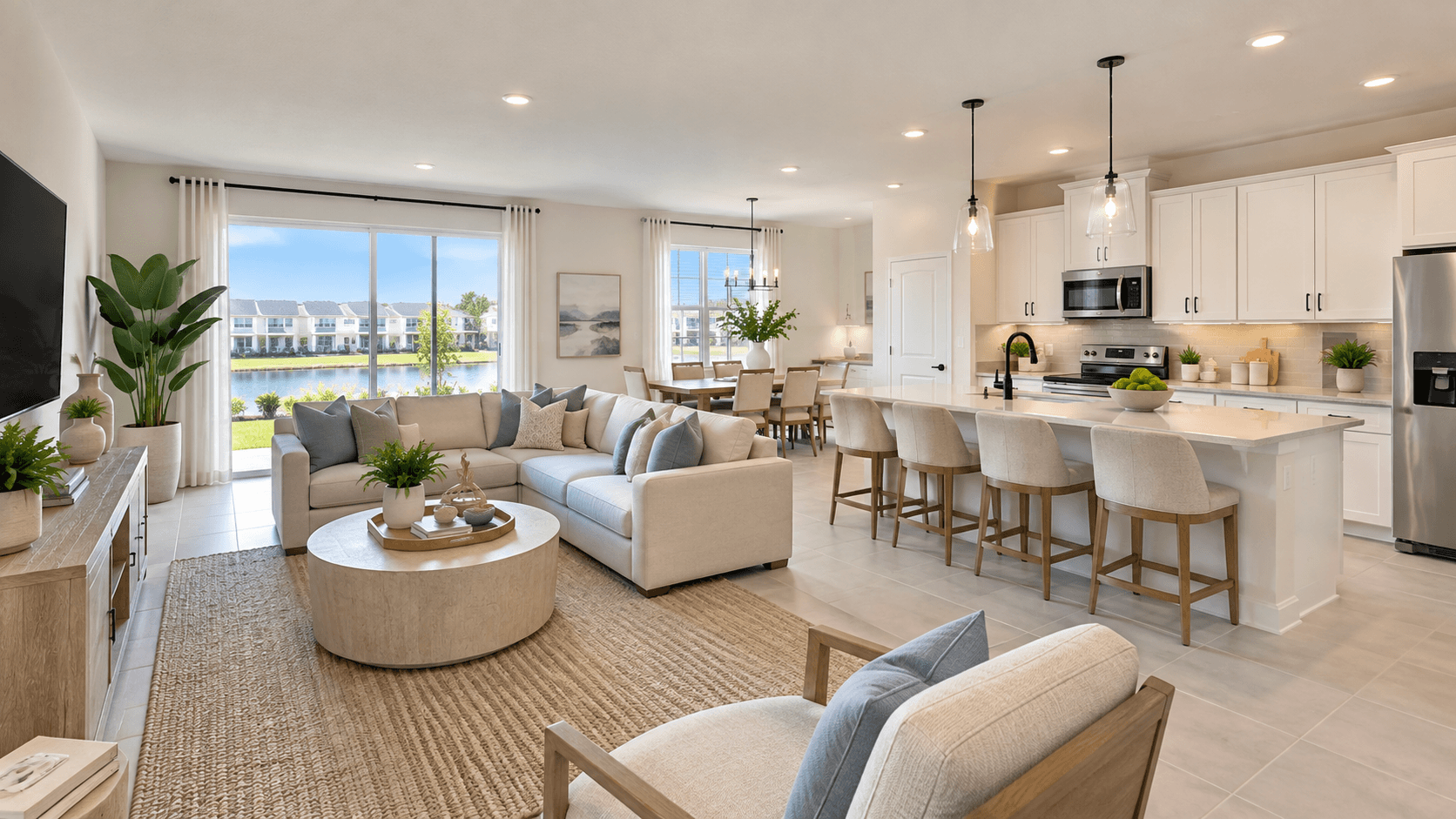 Great room and kitchen in the Carnation townhome at Terra Sol