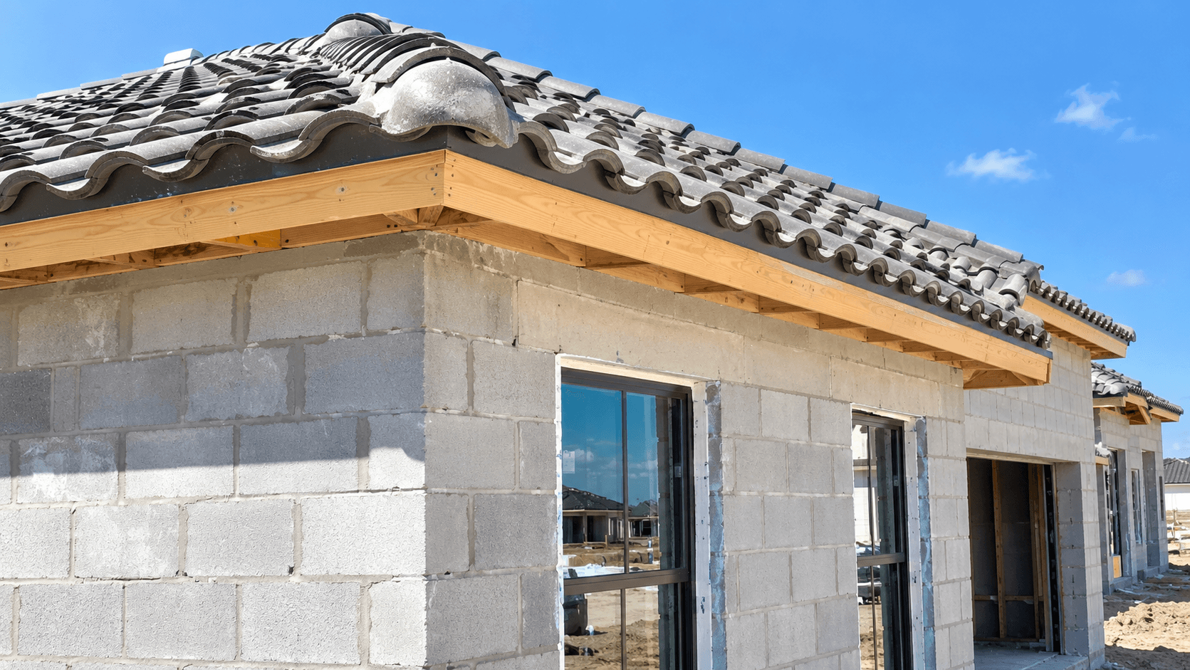 Concrete block wall and concrete roof tile on a home being built at Heron Pointe