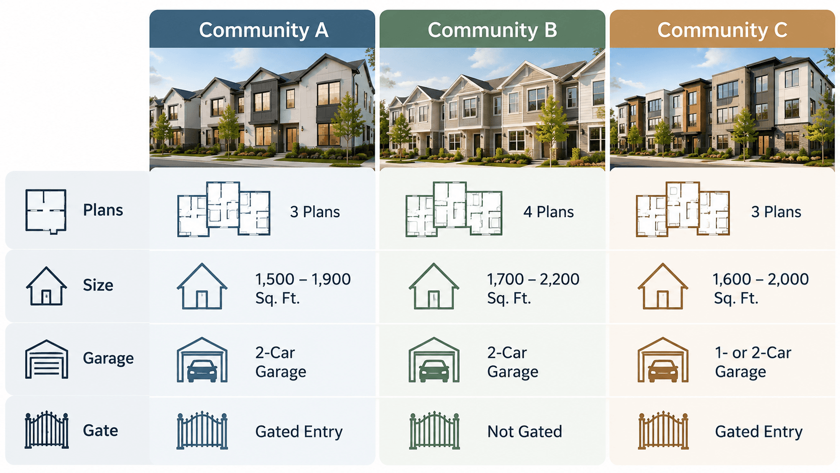 Table comparing three townhome communities near Central Park Port St Lucie