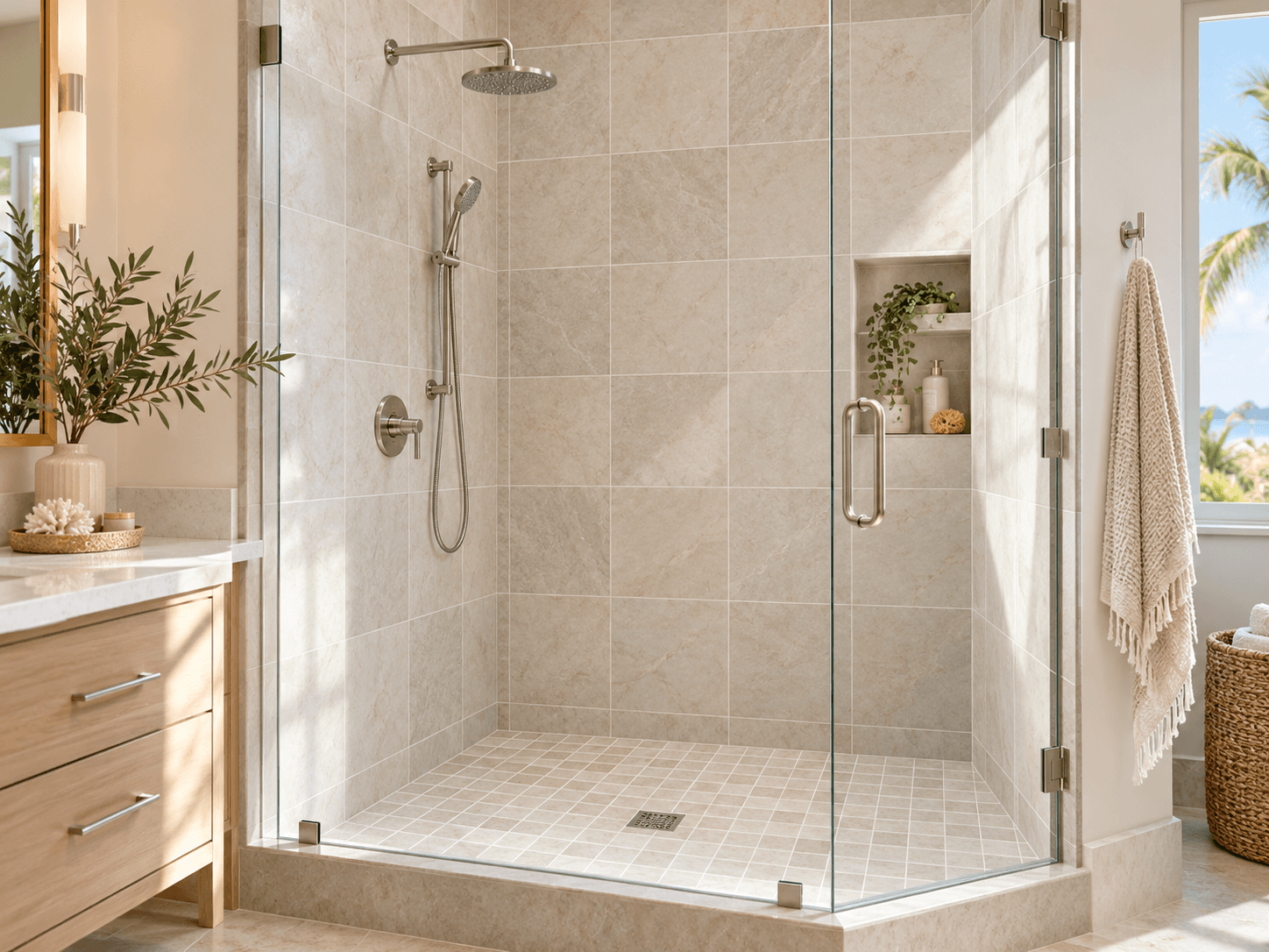 Shower with large wall tile and small floor tile in a model