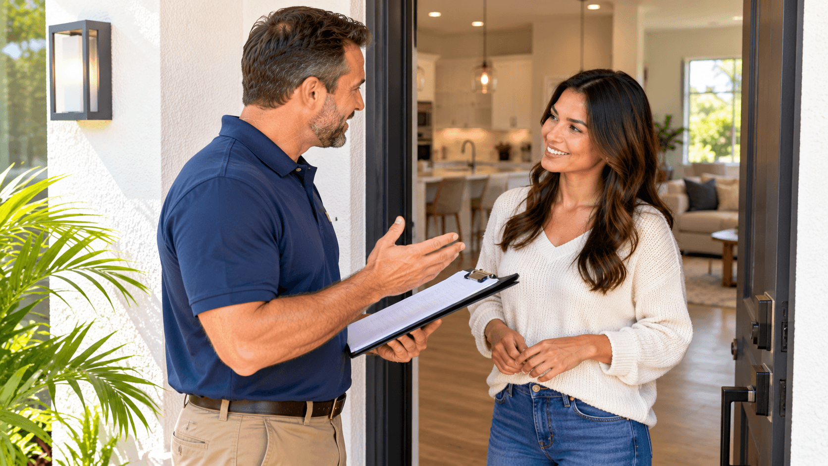 building inspector with homeowner at new home front door