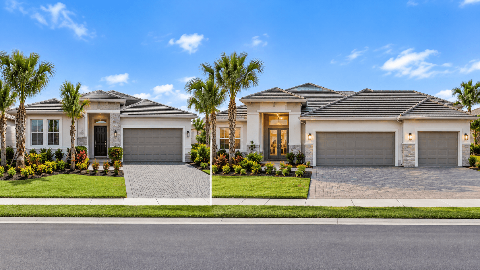 Classic Collection and Estate Collection home exteriors side by side at Hendrix Reserve