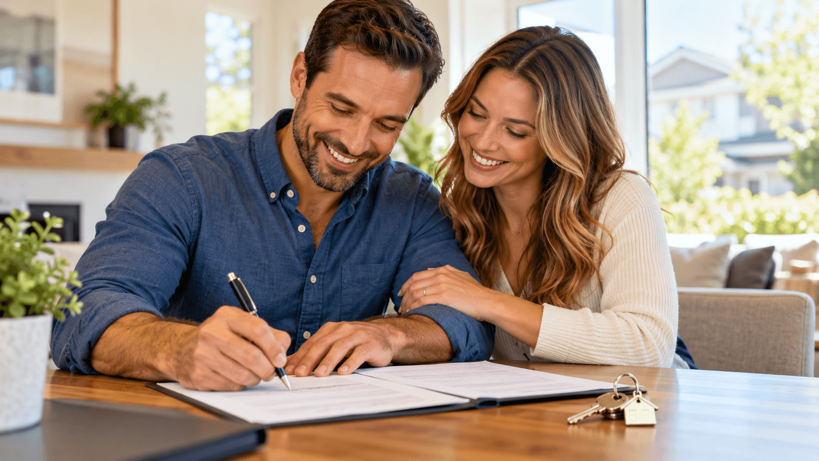 Couple signing closing papers after getting clear to close
