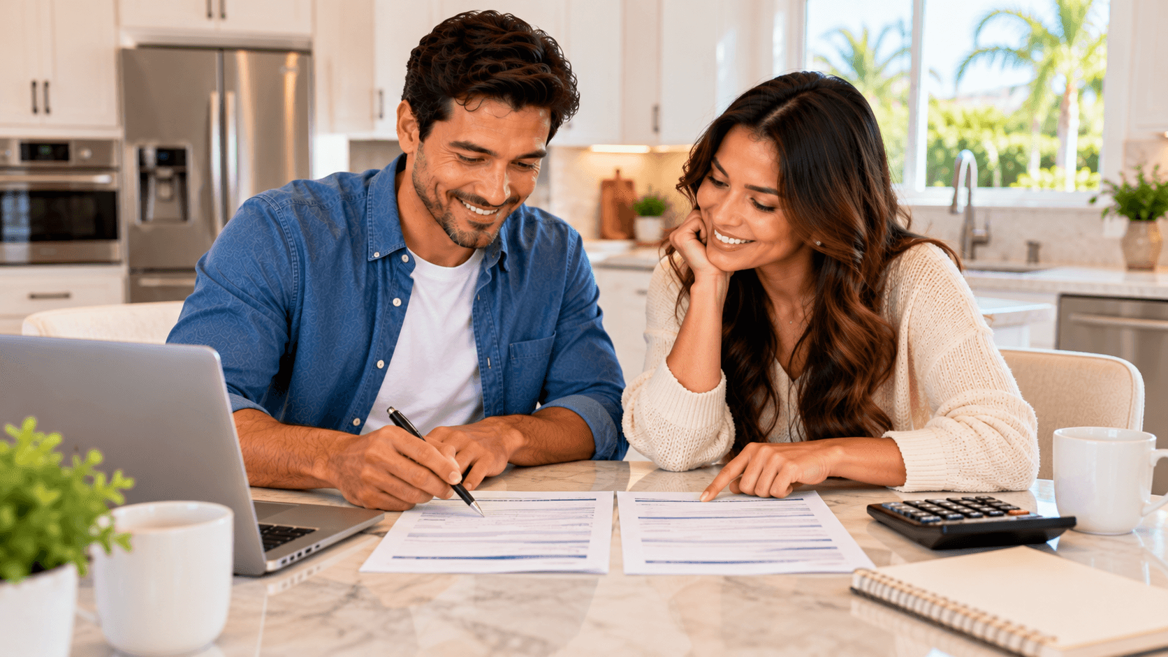 couple comparing loan estimate and closing disclosure at kitchen table