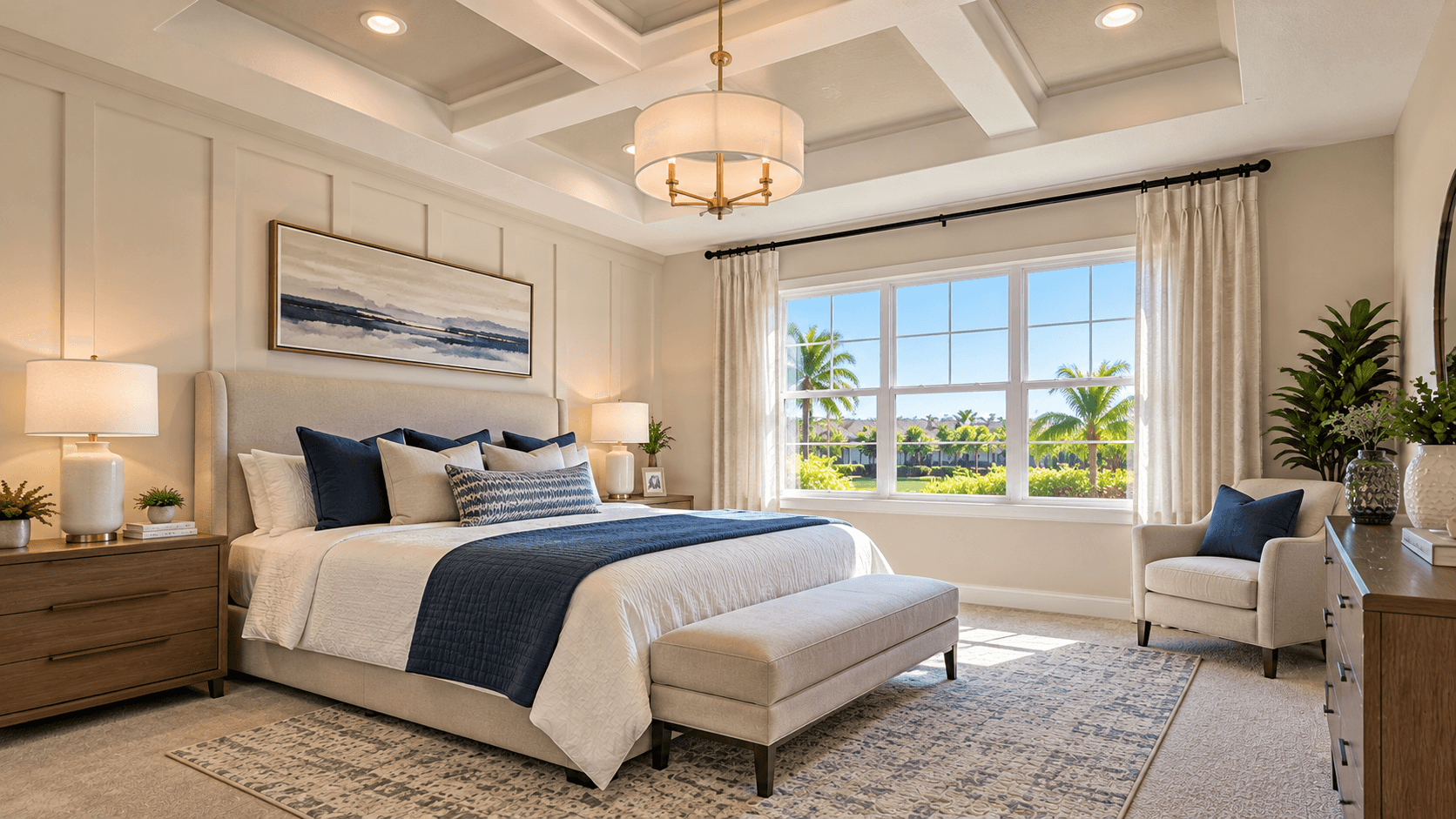 Owner's suite with a coffered ceiling in a Terra Sol townhome