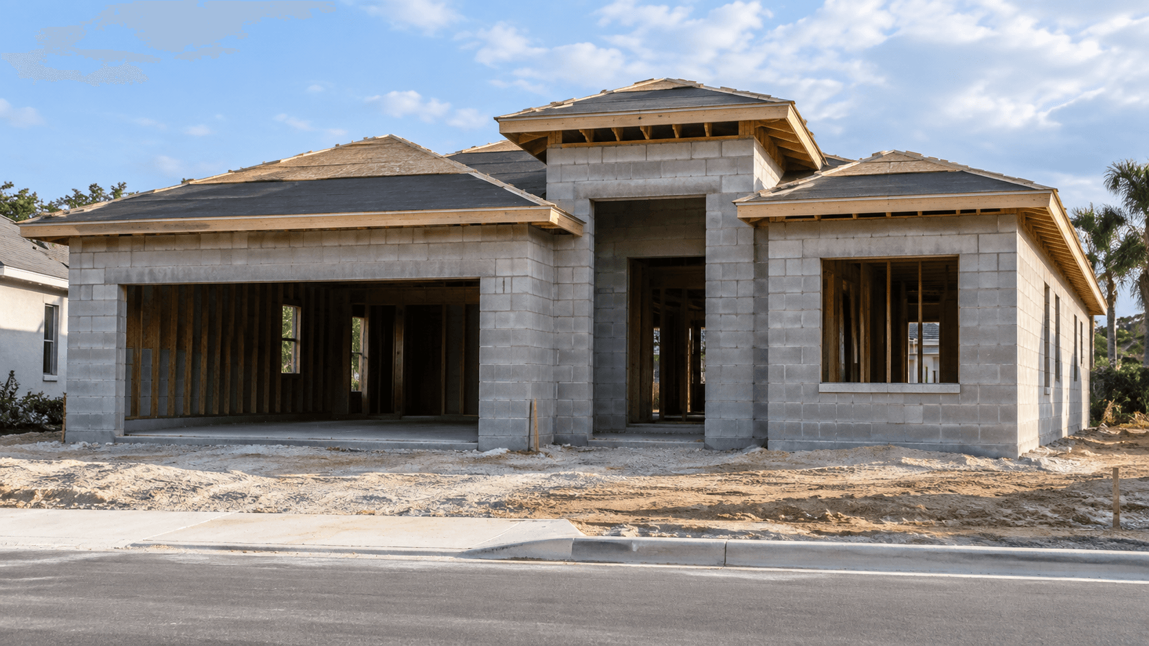 Concrete block walls of a Baywood II home under construction