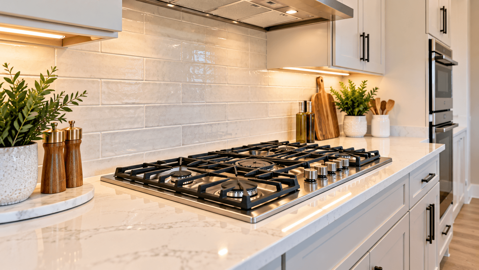 Built-in gas cooktop in a Canter model kitchen