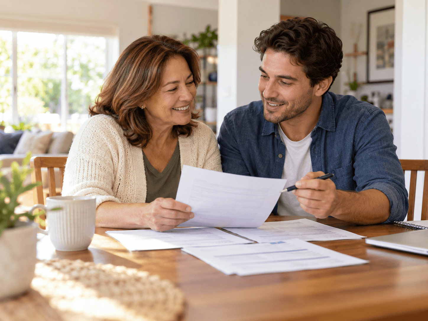 parent and adult child reviewing mortgage cosigner paperwork together