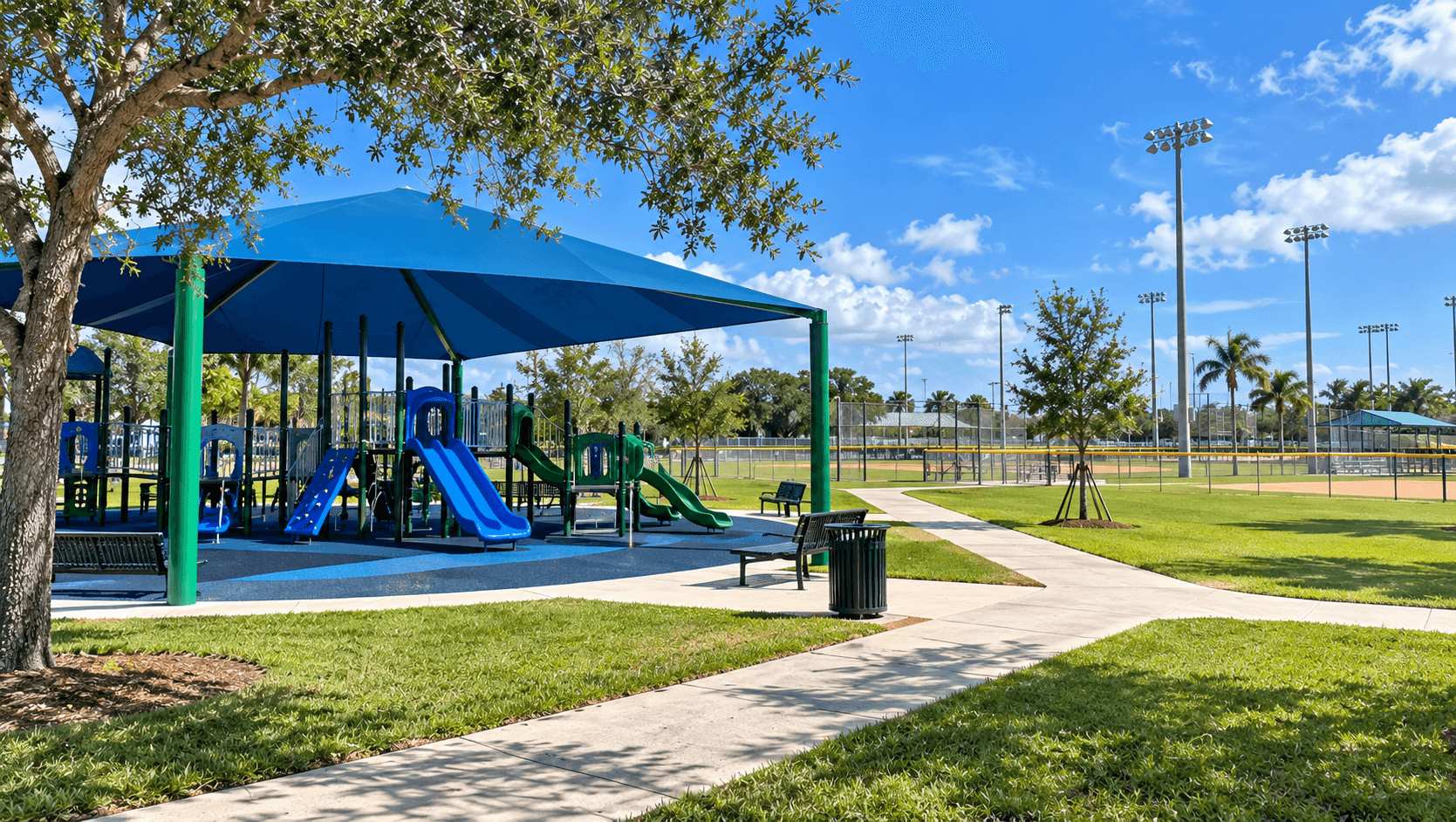 Athletic fields and covered playground at Cutler Ridge Park in Cutler Bay