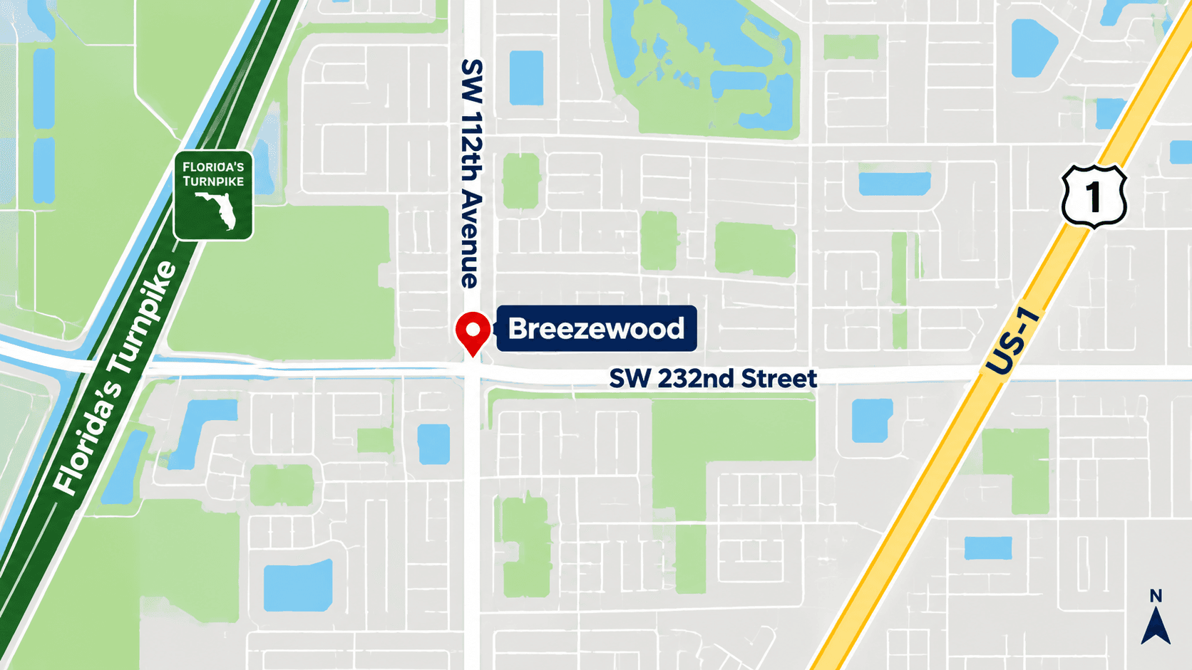 Road map of SW 112th Avenue, SW 232nd Street, US-1 and the Turnpike around Breezewood