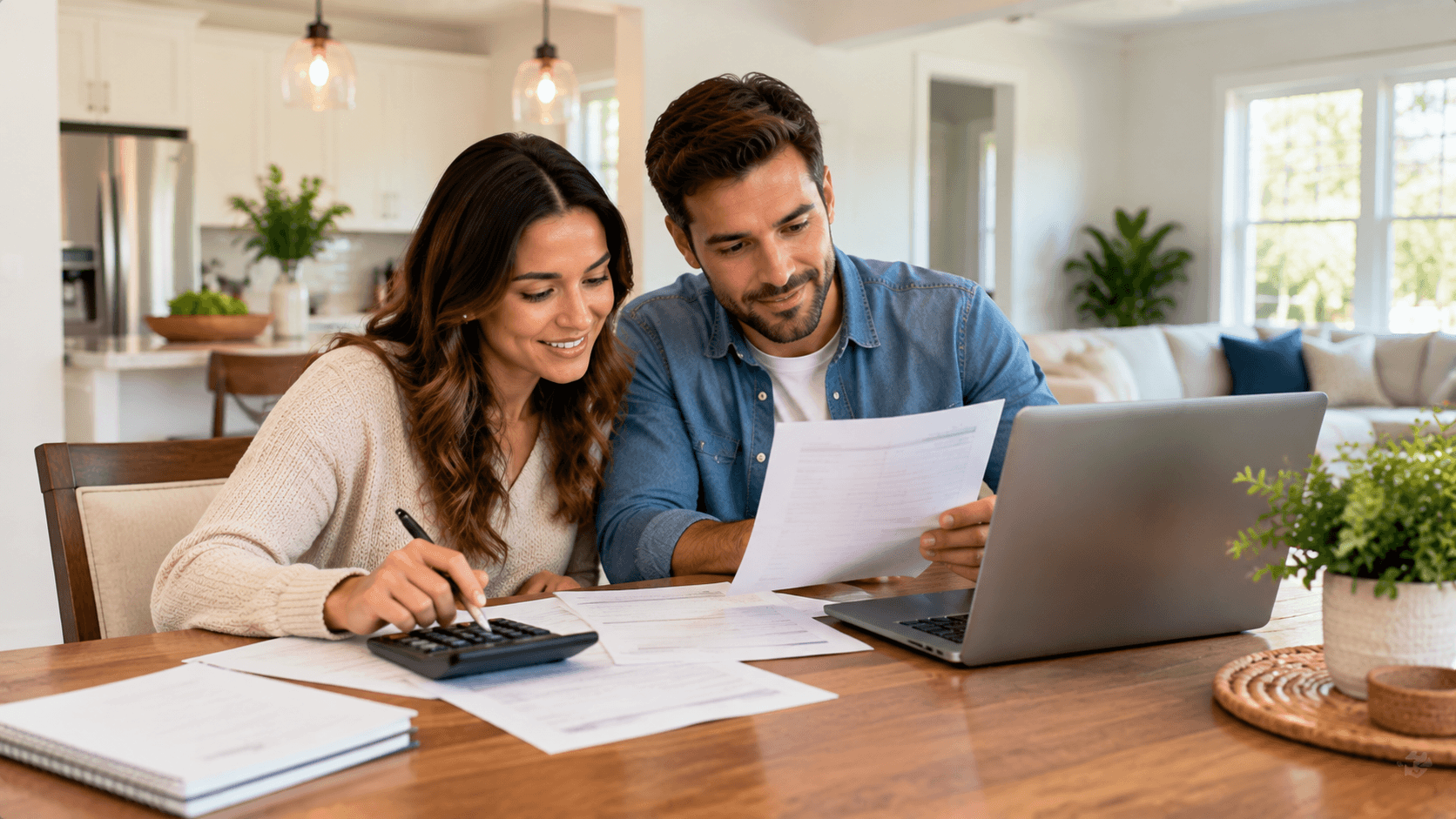 couple calculating monthly debts and income at dining table