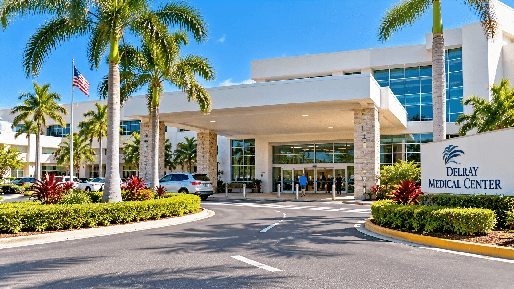 Front entrance of Delray Medical Center on Linton Boulevard in Delray Beach