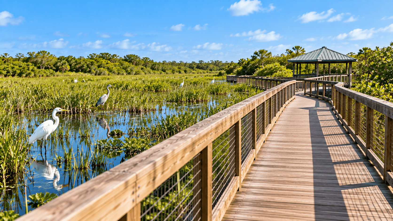 Boardwalk over the wetland at Wakodahatchee Wetlands in Delray Beach with wading birds