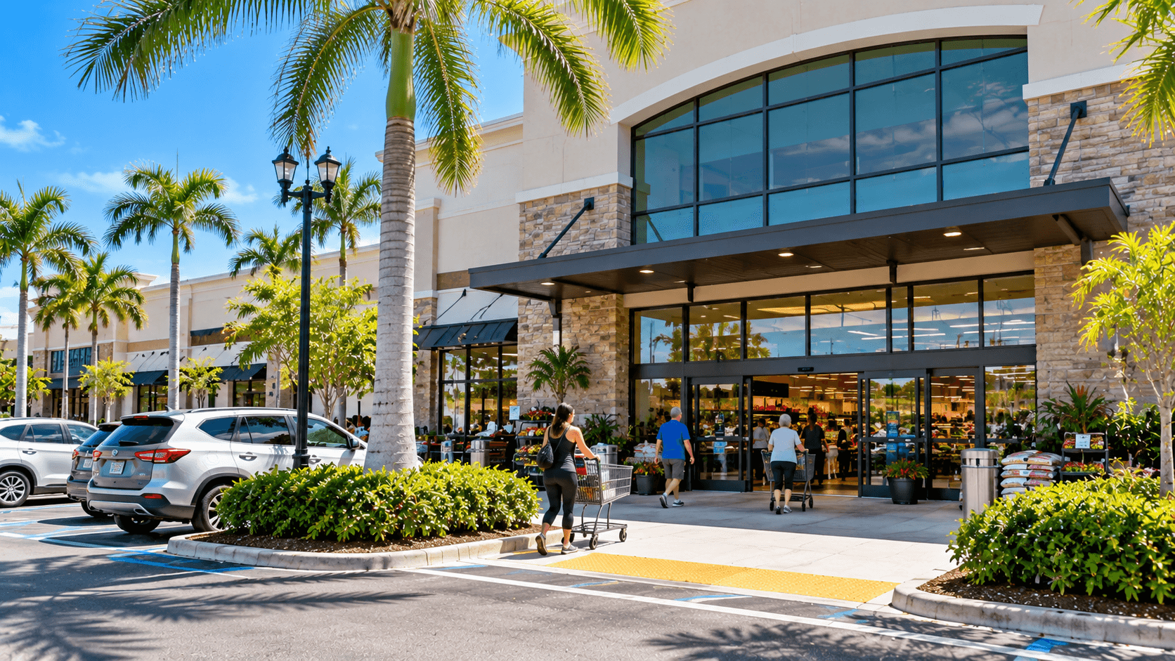 Shoppers outside a grocery store at a shopping center on West Atlantic Avenue in Delray Beach