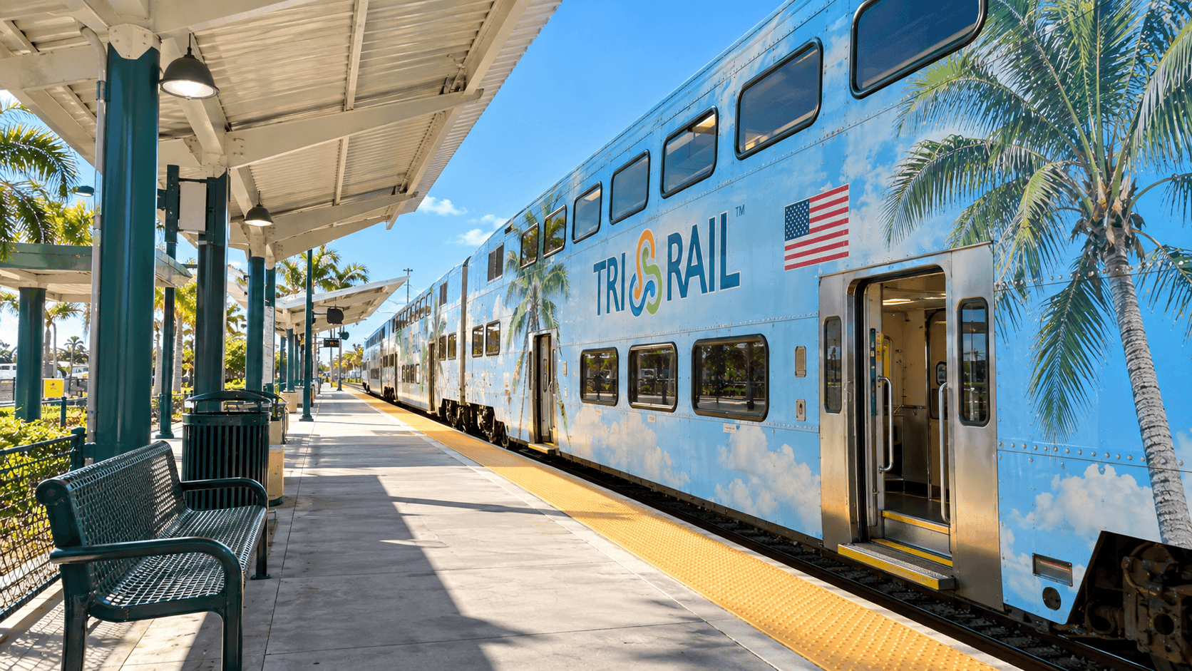 Tri-Rail train at the Delray Beach station platform on South Congress Avenue