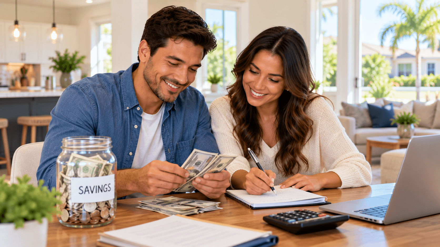 young couple counting down payment savings at table