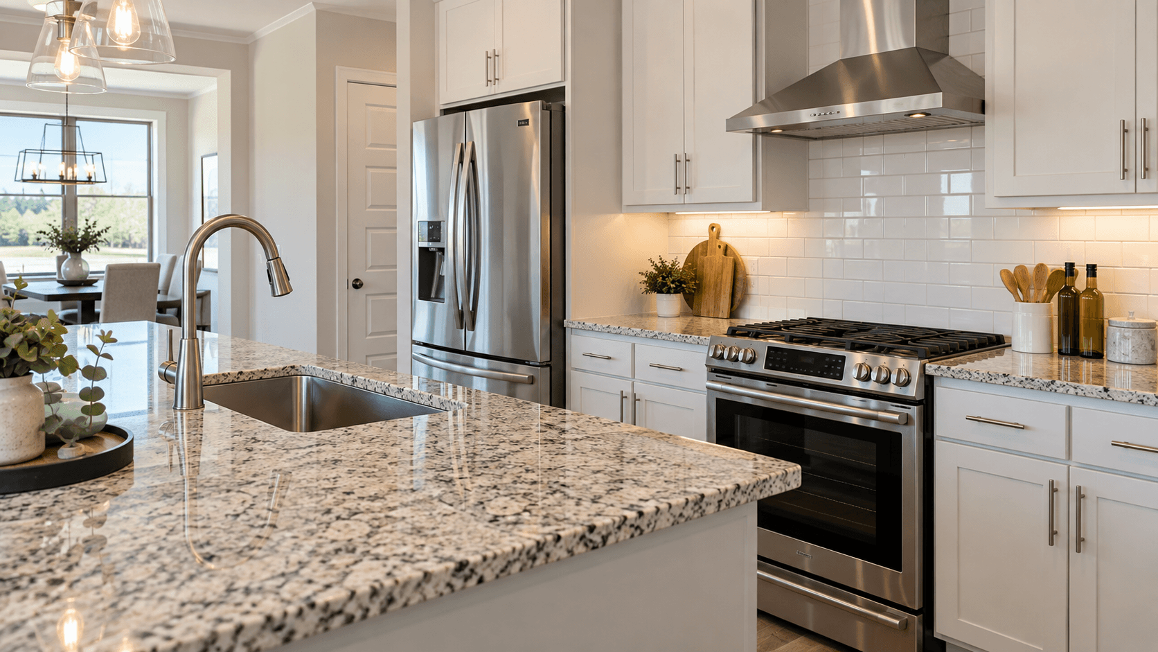 Granite kitchen with subway tile backsplash at Preserves at Park Trace