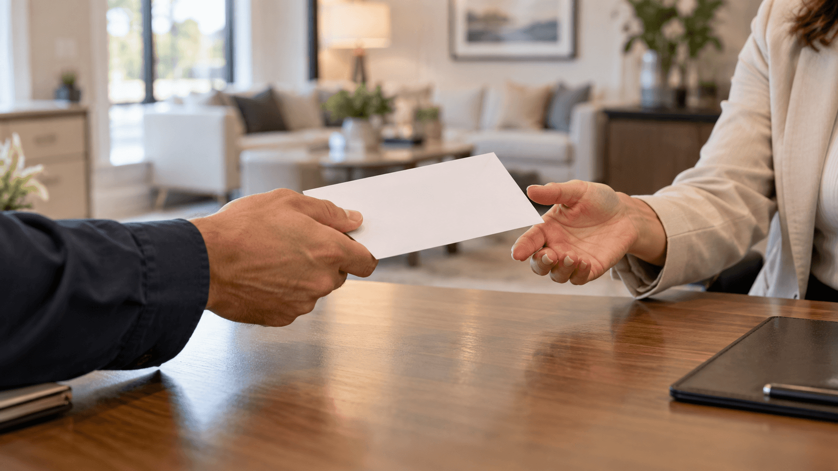 home buyer handing earnest money deposit envelope across desk