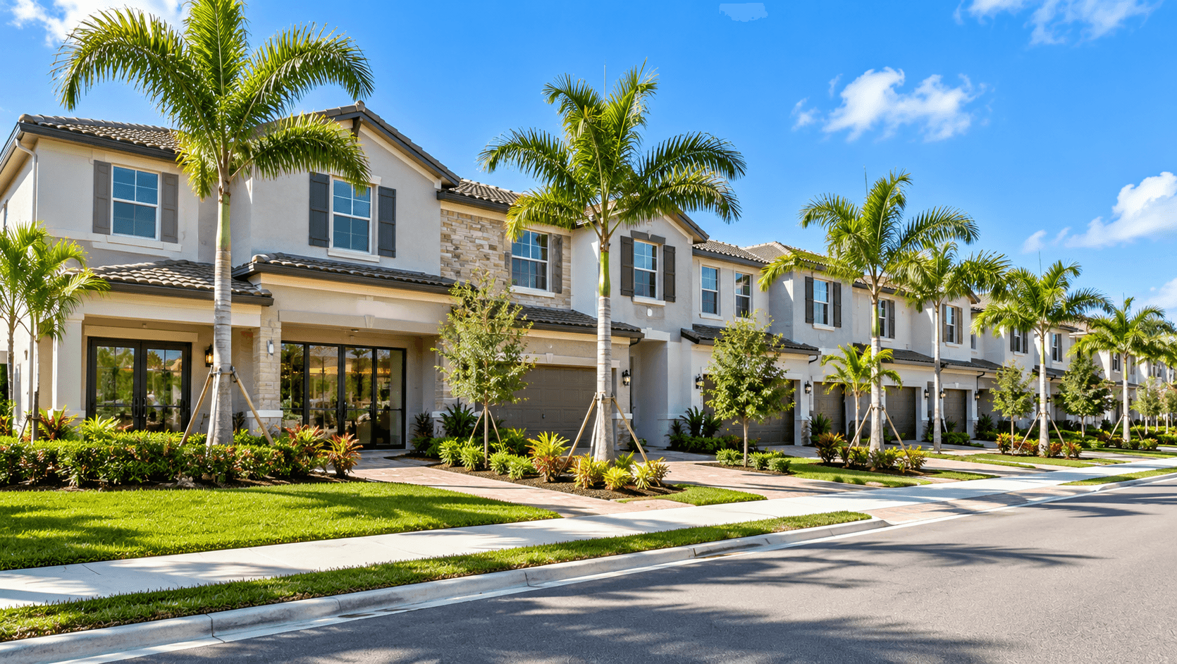Row of new two-story townhomes at Lennar's Emerald Palms in Miami-Dade