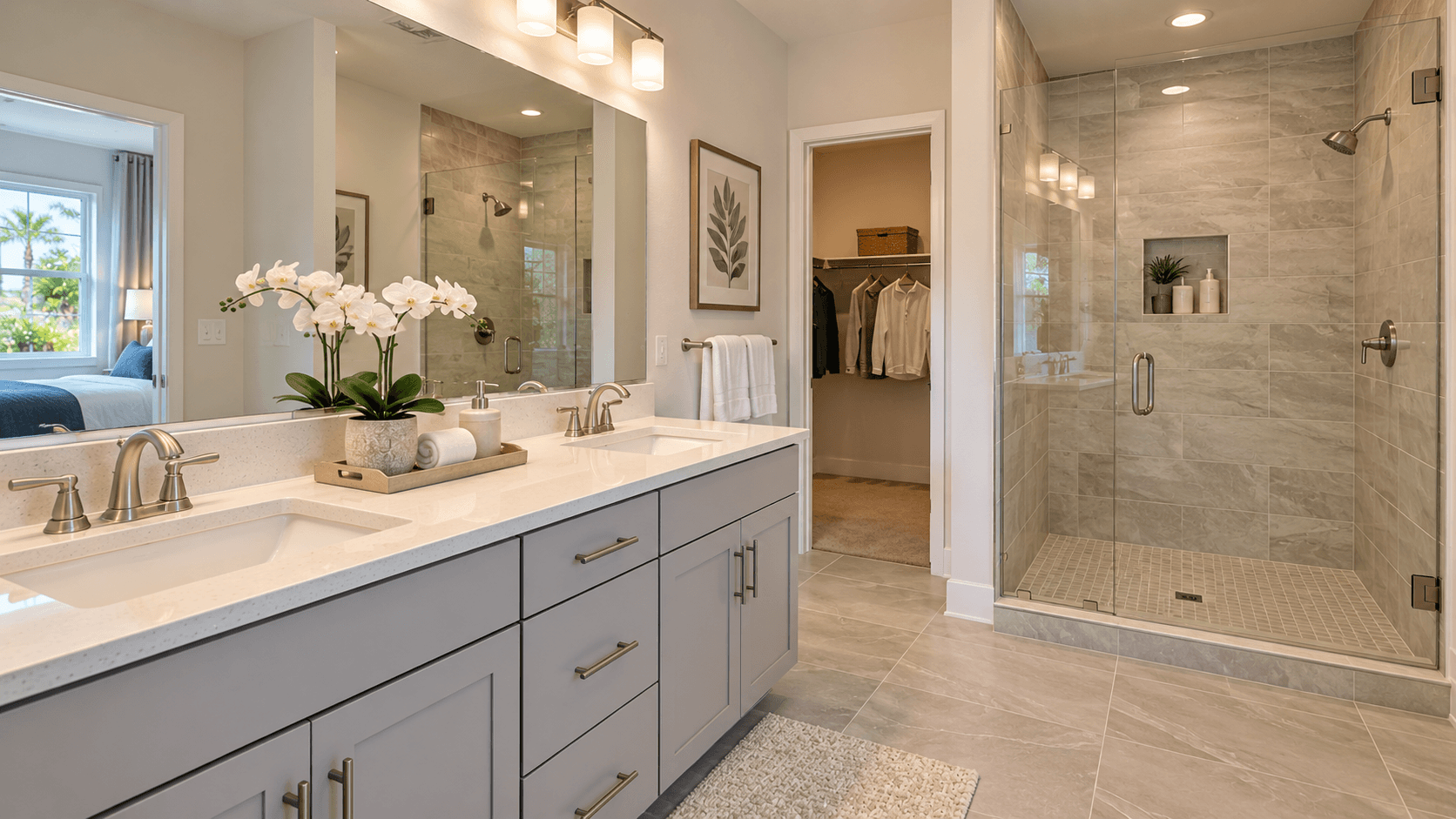 Owner's bathroom with vanity and shower in an Aria Park townhome in Homestead, FL