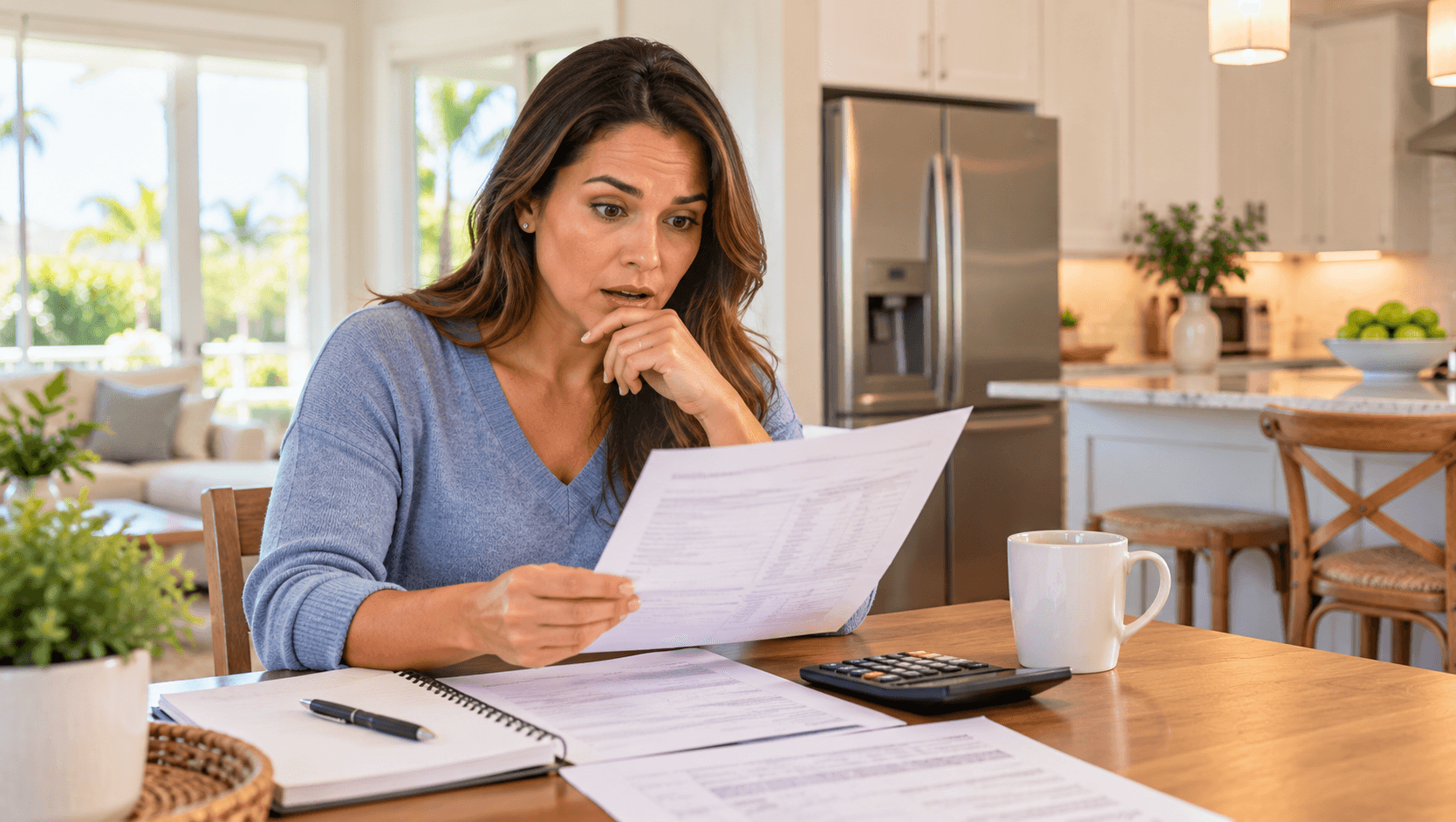 homeowner reading mortgage escrow statement at kitchen table