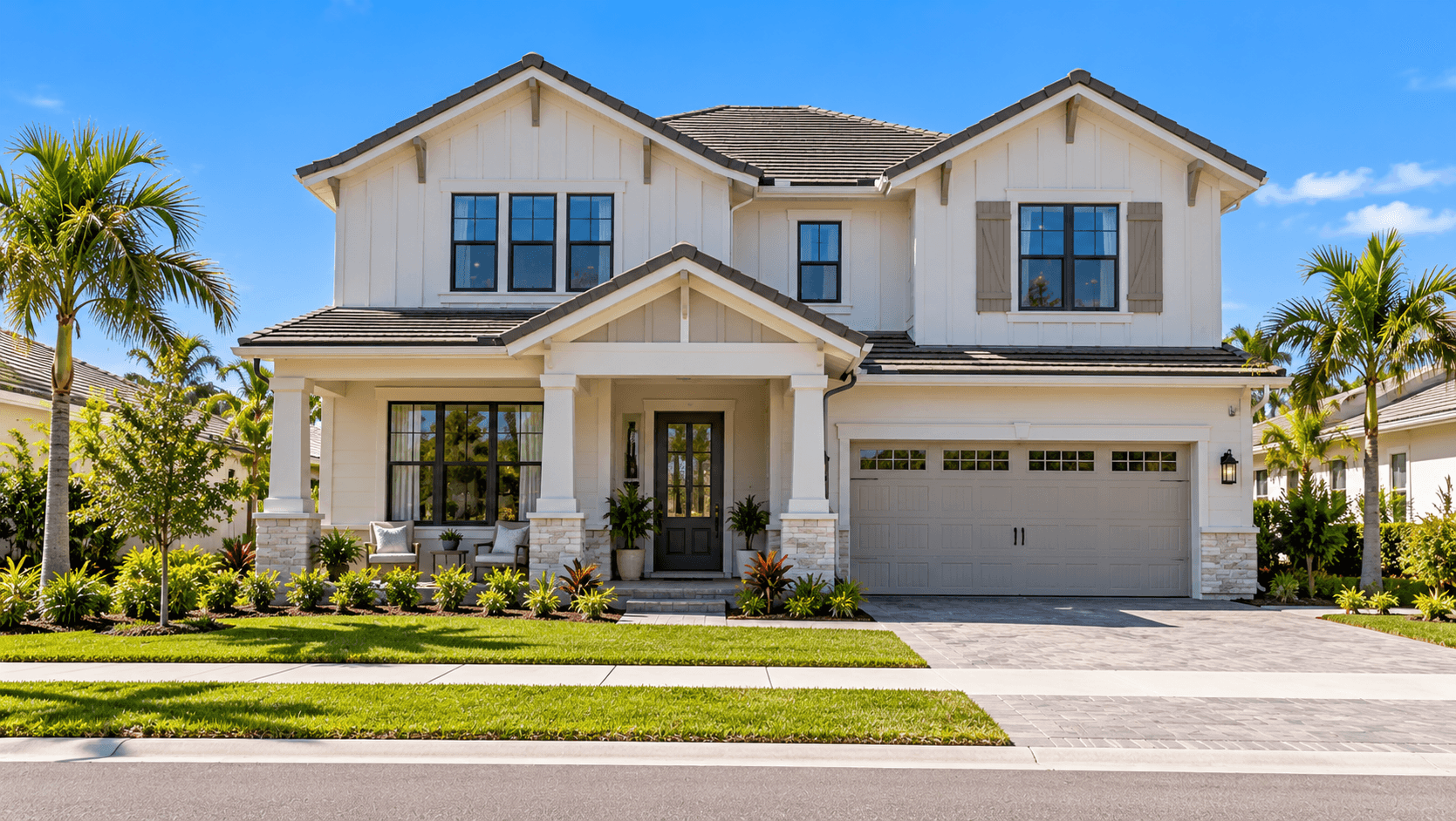 Farmhouse style elevation on a Canter model home in Wellington
