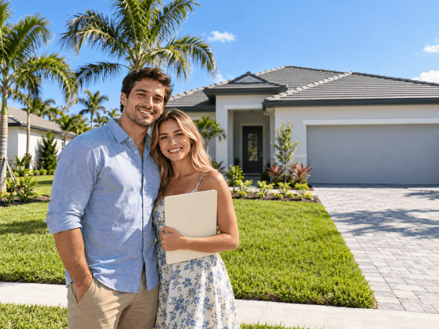 young couple in front of brand new one story home with palm trees